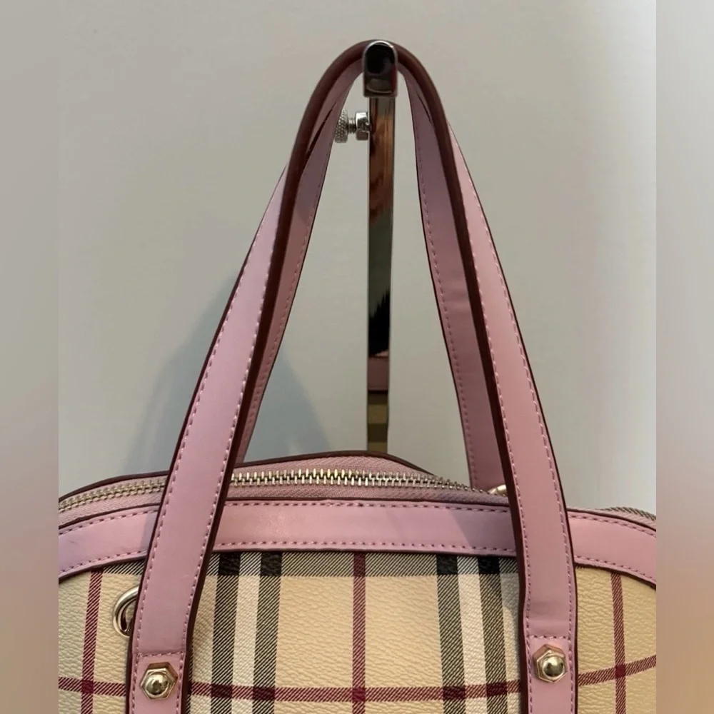 Plaid Dome Satchel Shoulder Bag Coated Canvas Pink Faux Leather Trim